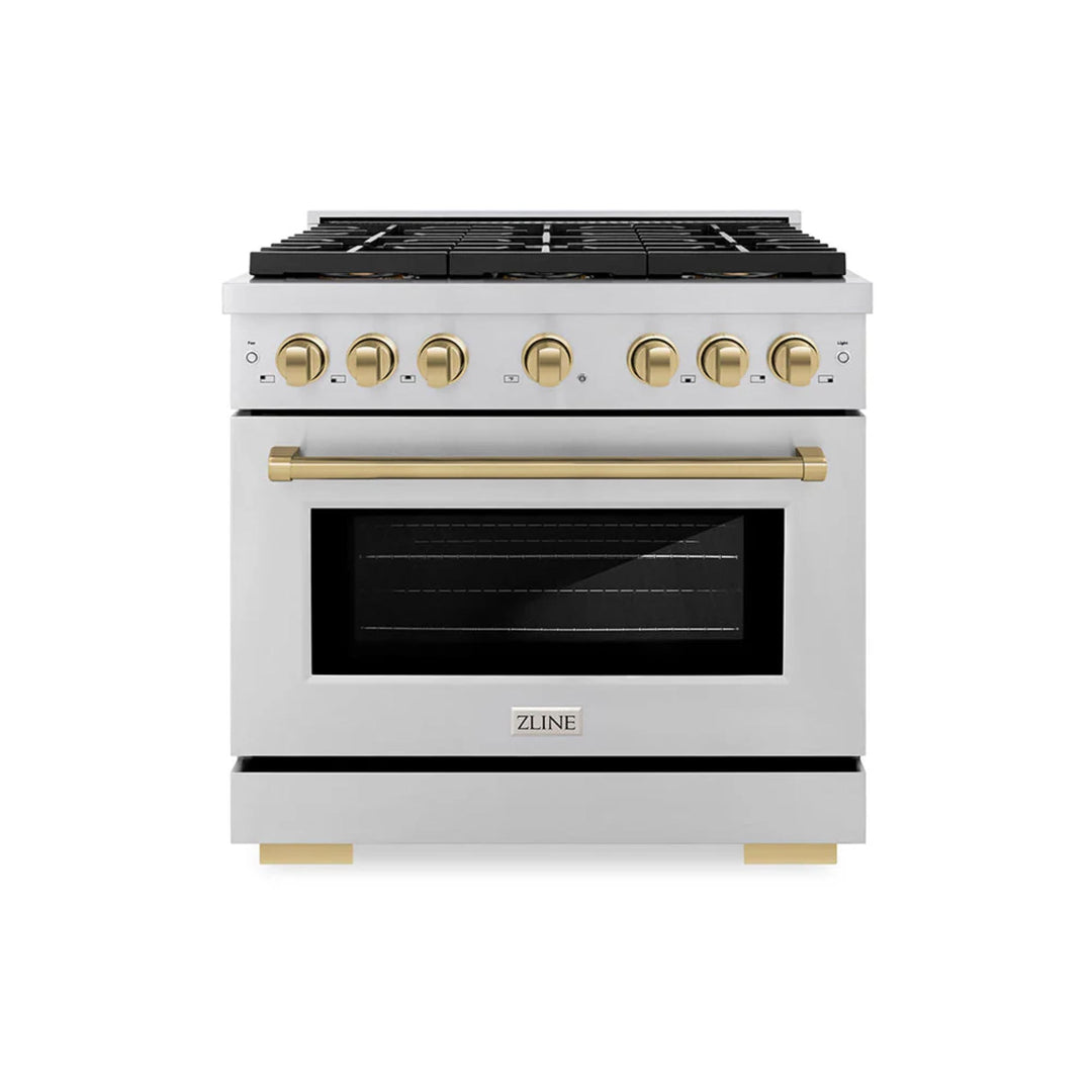 ZLINE Autograph Edition 48" &amp; 36" Paramount Gas Ranges with 6 and 8 Burner DuoPro™ Cooktop and Dual Ovens in Stainless Steel with Black Matte, Polished Gold, and Champagne Bronze Accents