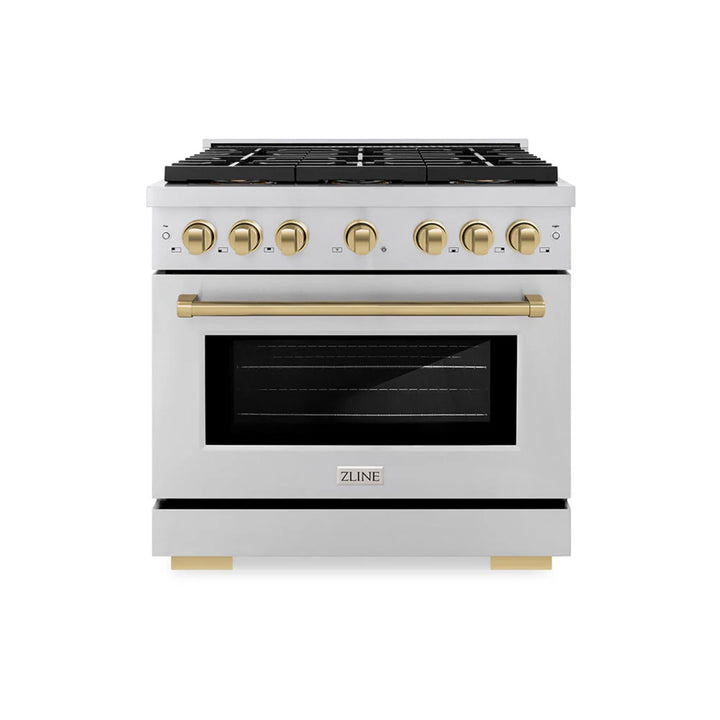ZLINE Autograph Edition 48" &amp; 36" Paramount Gas Ranges with 6 and 8 Burner DuoPro™ Cooktop and Dual Ovens in Stainless Steel with Black Matte, Polished Gold, and Champagne Bronze Accents