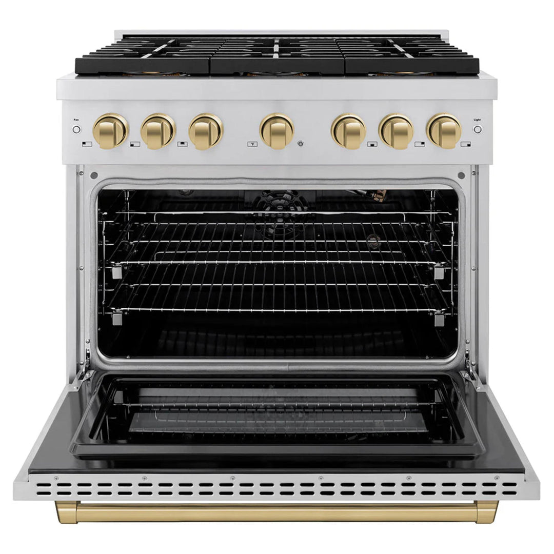 ZLINE Autograph Edition 48" &amp; 36" Paramount Gas Ranges with 6 and 8 Burner DuoPro™ Cooktop and Dual Ovens in Stainless Steel with Black Matte, Polished Gold, and Champagne Bronze Accents