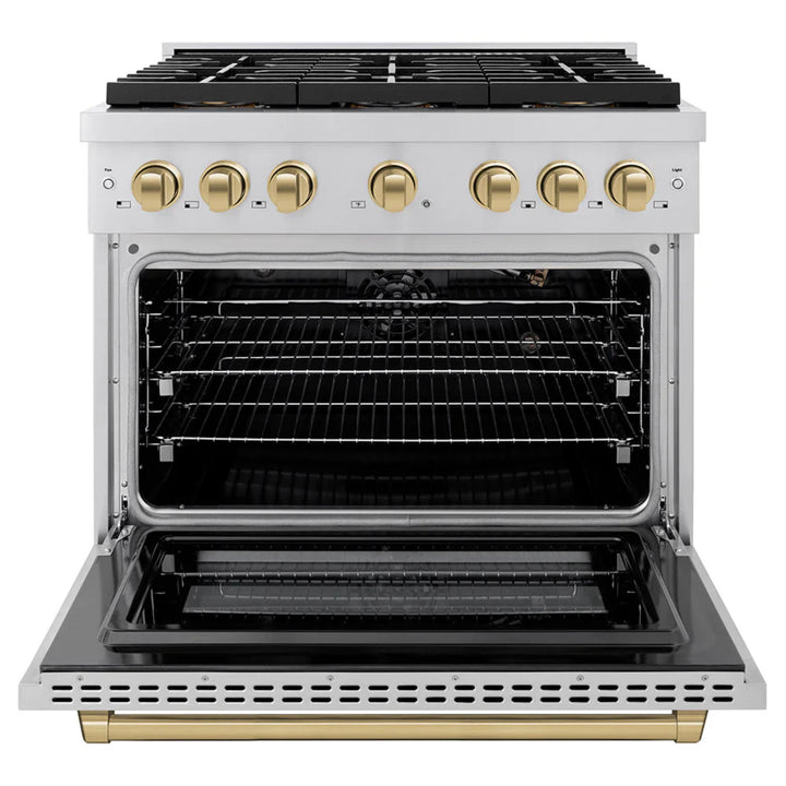 ZLINE Autograph Edition 48" &amp; 36" Paramount Gas Ranges with 6 and 8 Burner DuoPro™ Cooktop and Dual Ovens in Stainless Steel with Black Matte, Polished Gold, and Champagne Bronze Accents