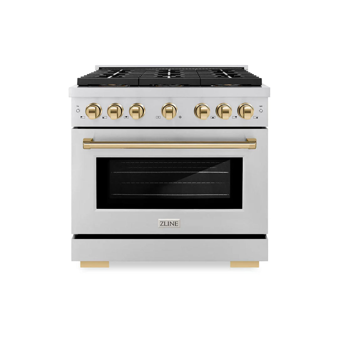 ZLINE Autograph Edition 48" &amp; 36" Paramount Gas Ranges with 6 and 8 Burner DuoPro™ Cooktop and Dual Ovens in Stainless Steel with Black Matte, Polished Gold, and Champagne Bronze Accents