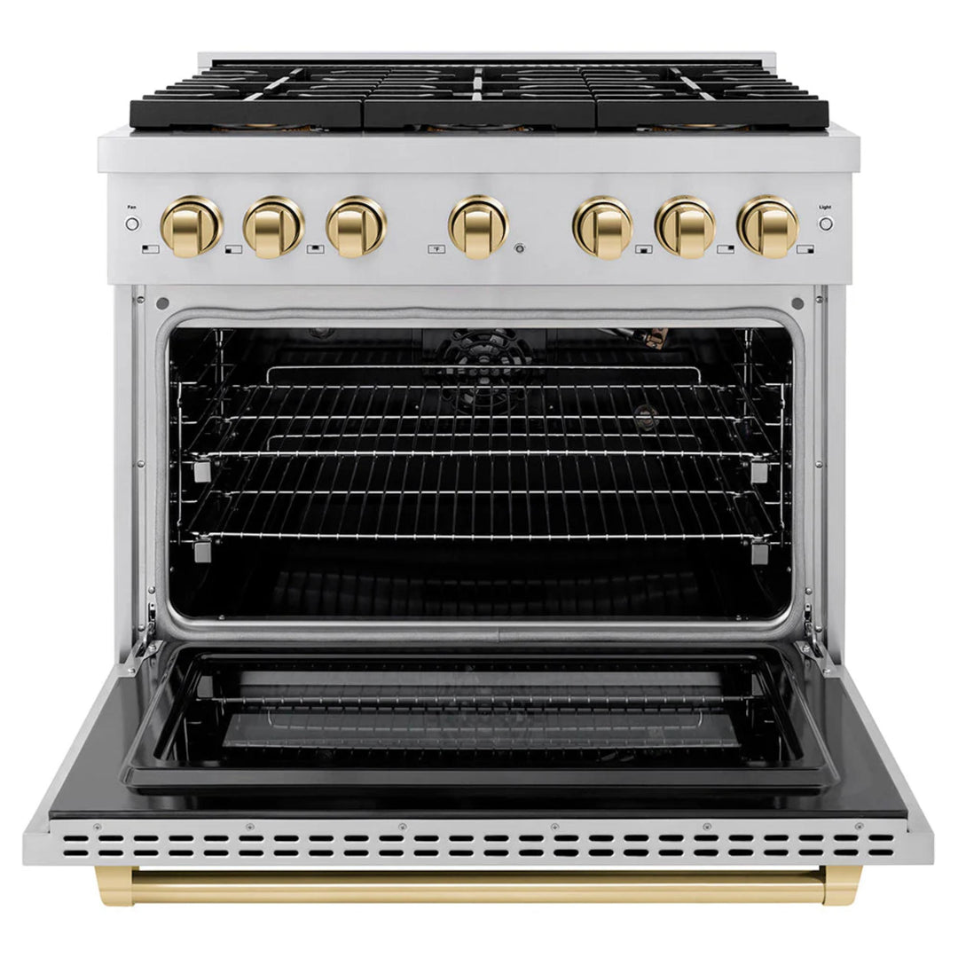 ZLINE Autograph Edition 48" &amp; 36" Paramount Gas Ranges with 6 and 8 Burner DuoPro™ Cooktop and Dual Ovens in Stainless Steel with Black Matte, Polished Gold, and Champagne Bronze Accents
