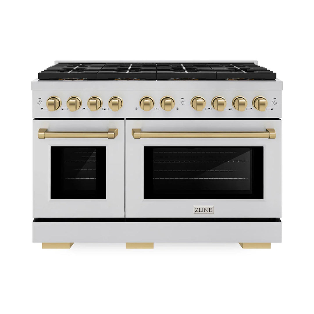 ZLINE Autograph Edition 48" &amp; 36" Paramount Gas Ranges with 6 and 8 Burner DuoPro™ Cooktop and Dual Ovens in Stainless Steel with Black Matte, Polished Gold, and Champagne Bronze Accents