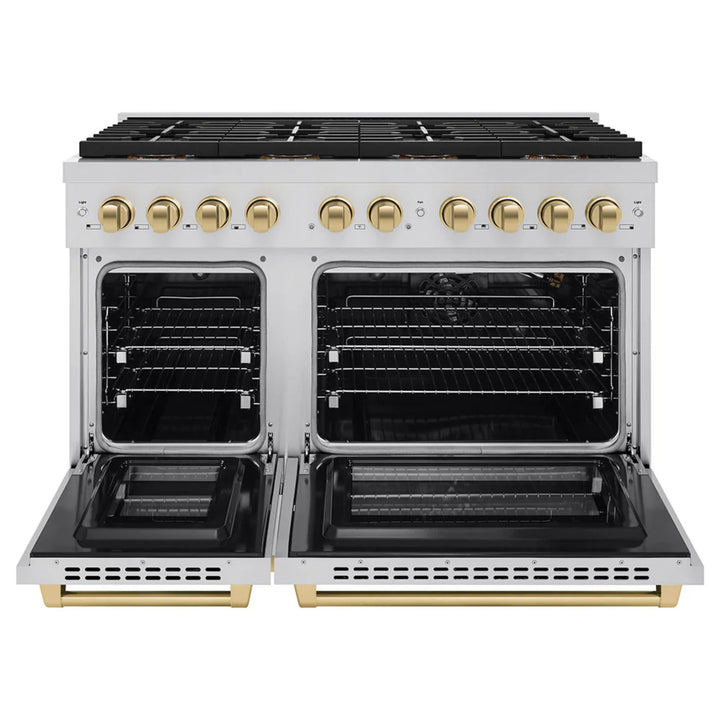 ZLINE Autograph Edition 48" &amp; 36" Paramount Gas Ranges with 6 and 8 Burner DuoPro™ Cooktop and Dual Ovens in Stainless Steel with Black Matte, Polished Gold, and Champagne Bronze Accents