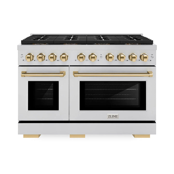 ZLINE Autograph Edition 48" &amp; 36" Paramount Gas Ranges with 6 and 8 Burner DuoPro™ Cooktop and Dual Ovens in Stainless Steel with Black Matte, Polished Gold, and Champagne Bronze Accents