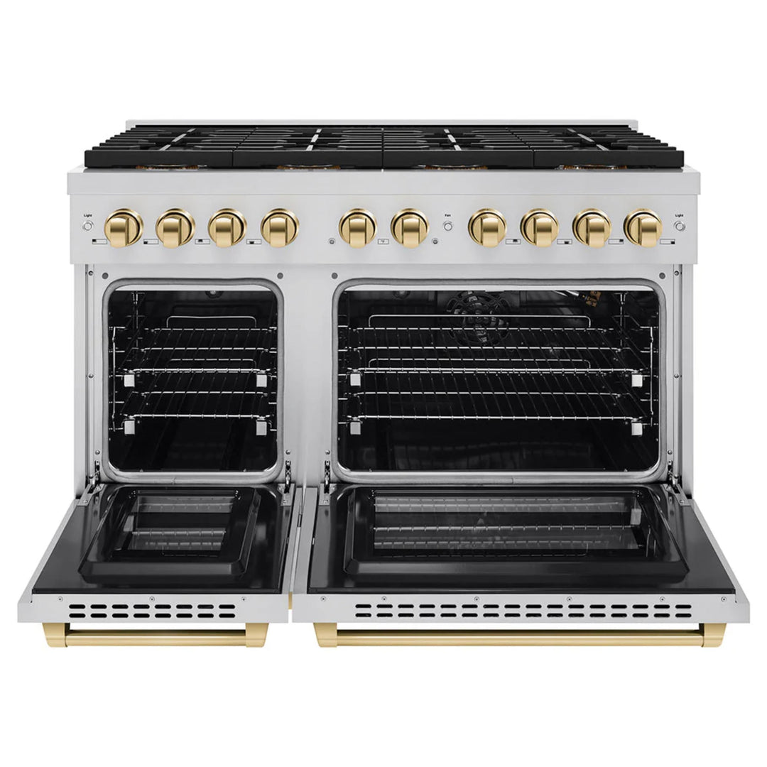 ZLINE Autograph Edition 48" &amp; 36" Paramount Gas Ranges with 6 and 8 Burner DuoPro™ Cooktop and Dual Ovens in Stainless Steel with Black Matte, Polished Gold, and Champagne Bronze Accents