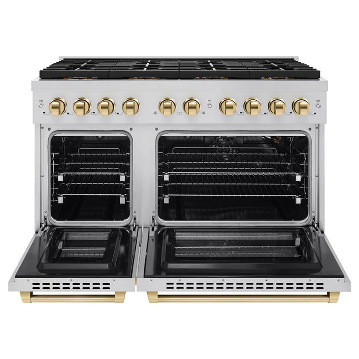 ZLINE Autograph Edition 48" &amp; 36" Paramount Gas Ranges with 6 and 8 Burner DuoPro™ Cooktop and Dual Ovens in Stainless Steel with Black Matte, Polished Gold, and Champagne Bronze Accents