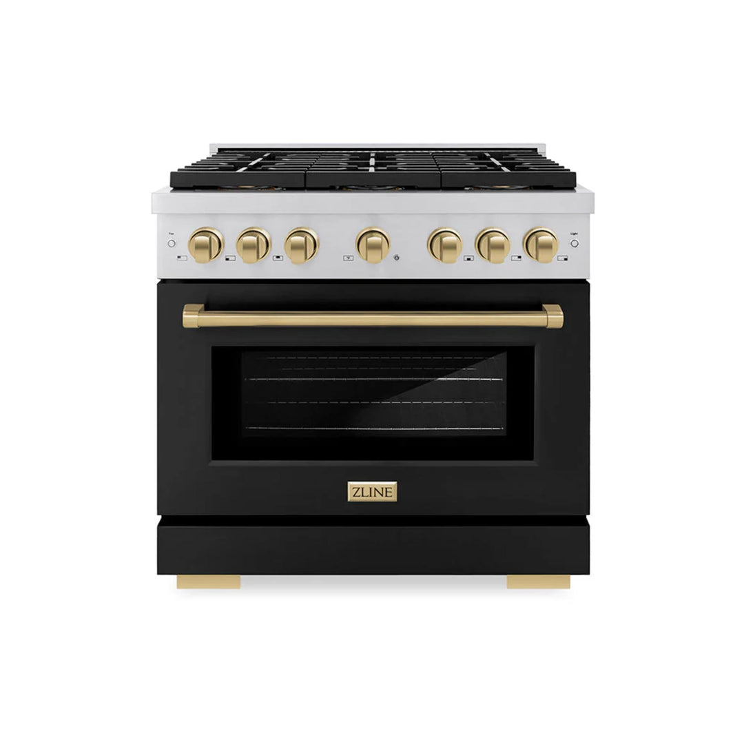 ZLINE Autograph Edition 48" &amp; 36" Paramount Gas Ranges with 6 and 8 Burner DuoPro™ Cooktop and Convection Gas Oven with Black Matte Door Polished Gold or Champagne Bronze Accents
