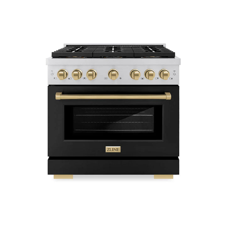 ZLINE Autograph Edition 48" &amp; 36" Paramount Gas Ranges with 6 and 8 Burner DuoPro™ Cooktop and Convection Gas Oven with Black Matte Door Polished Gold or Champagne Bronze Accents