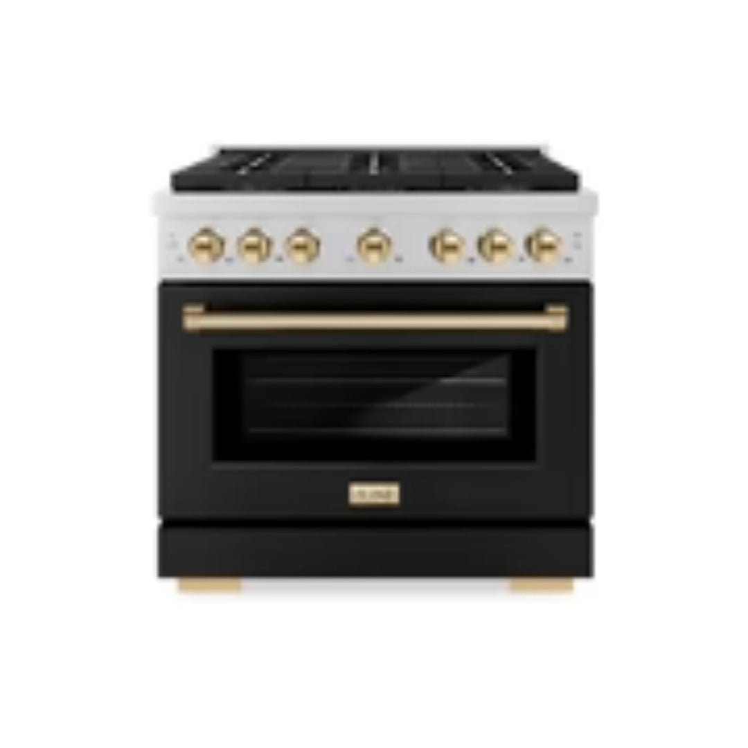 ZLINE Autograph Edition 48" &amp; 36" Paramount Gas Ranges with 6 and 8 Burner DuoPro™ Cooktop and Convection Gas Oven with Black Matte Door Polished Gold or Champagne Bronze Accents