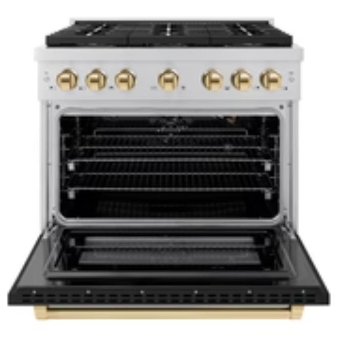 ZLINE Autograph Edition 48" &amp; 36" Paramount Gas Ranges with 6 and 8 Burner DuoPro™ Cooktop and Convection Gas Oven with Black Matte Door Polished Gold or Champagne Bronze Accents