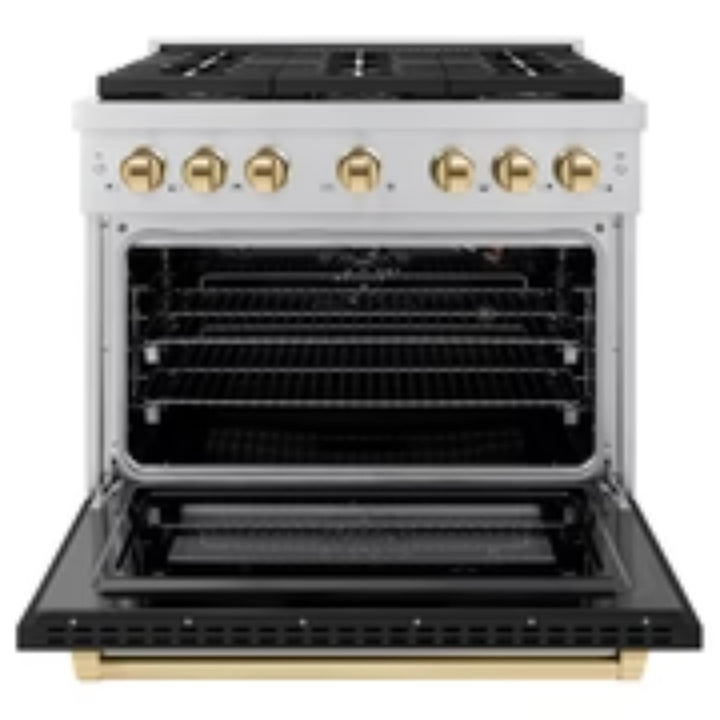 ZLINE Autograph Edition 48" &amp; 36" Paramount Gas Ranges with 6 and 8 Burner DuoPro™ Cooktop and Convection Gas Oven with Black Matte Door Polished Gold or Champagne Bronze Accents