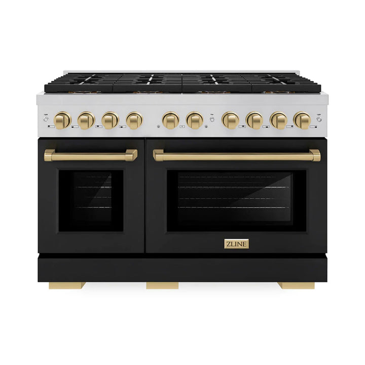 ZLINE Autograph Edition 48" &amp; 36" Paramount Gas Ranges with 6 and 8 Burner DuoPro™ Cooktop and Convection Gas Oven with Black Matte Door Polished Gold or Champagne Bronze Accents