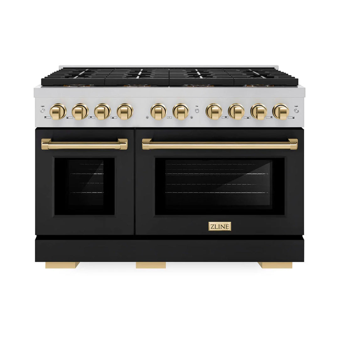 ZLINE Autograph Edition 48" &amp; 36" Paramount Gas Ranges with 6 and 8 Burner DuoPro™ Cooktop and Convection Gas Oven with Black Matte Door Polished Gold or Champagne Bronze Accents