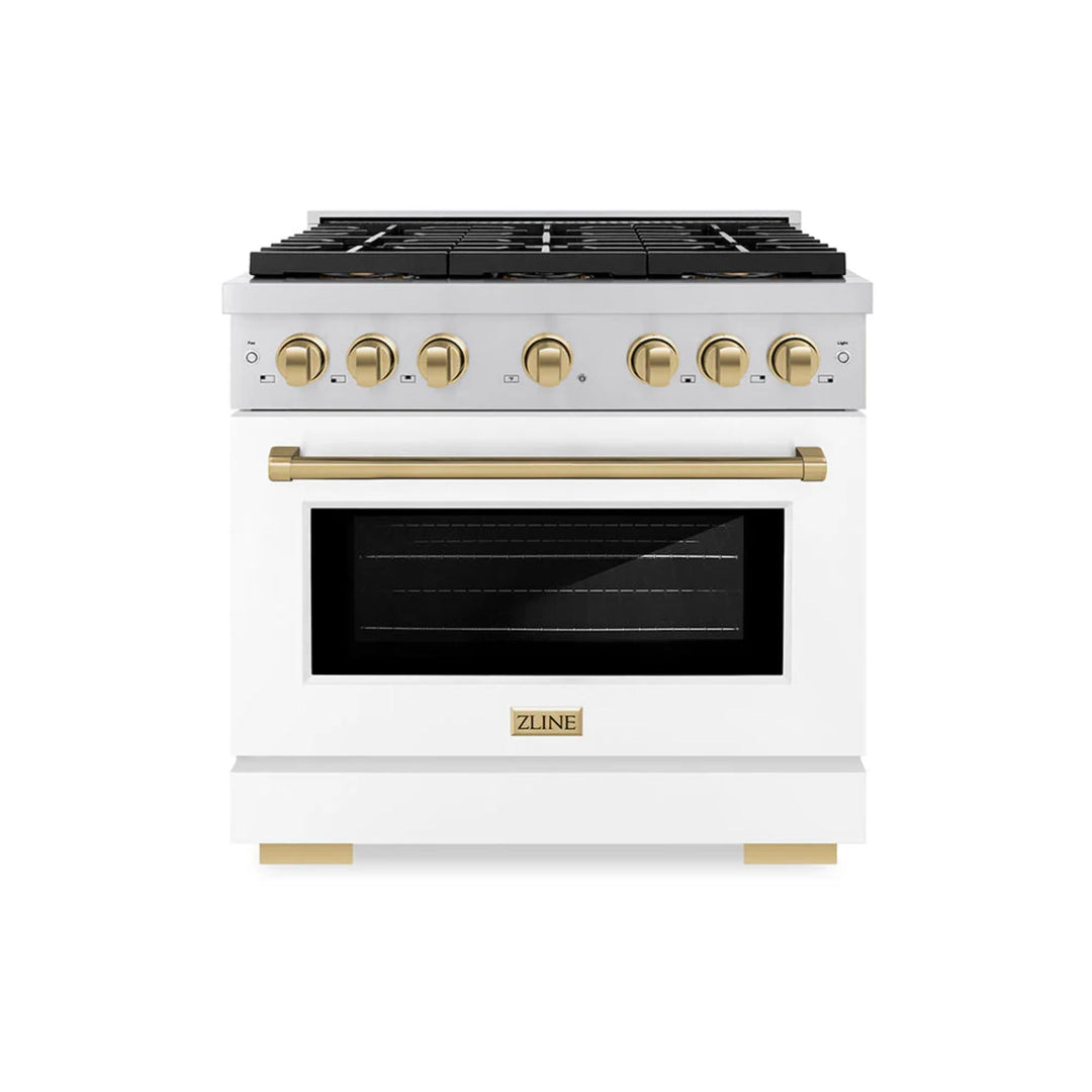 ZLINE Autograph Edition Paramount Gas Ranges with 6 and 8 Burner Cooktops, Convection Ovens, White Matte Doors, and Champagne Bronze Accents