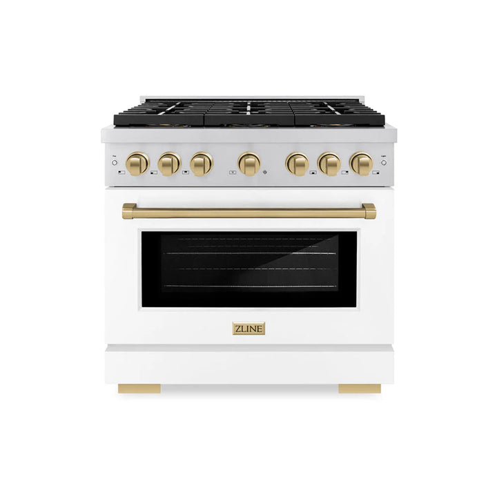 ZLINE Autograph Edition Paramount Gas Ranges with 6 and 8 Burner Cooktops, Convection Ovens, White Matte Doors, and Champagne Bronze Accents