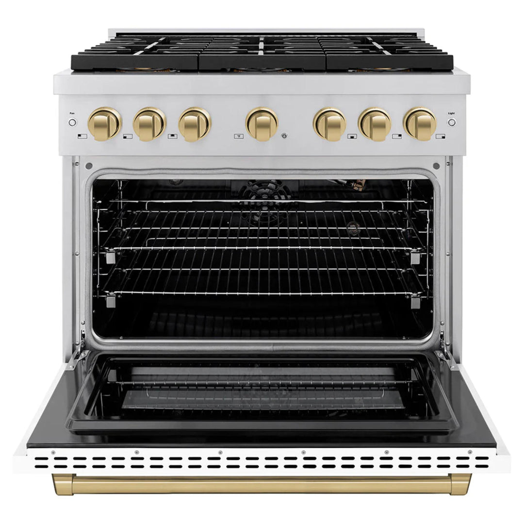 ZLINE Autograph Edition Paramount Gas Ranges with 6 and 8 Burner Cooktops, Convection Ovens, White Matte Doors, and Champagne Bronze Accents