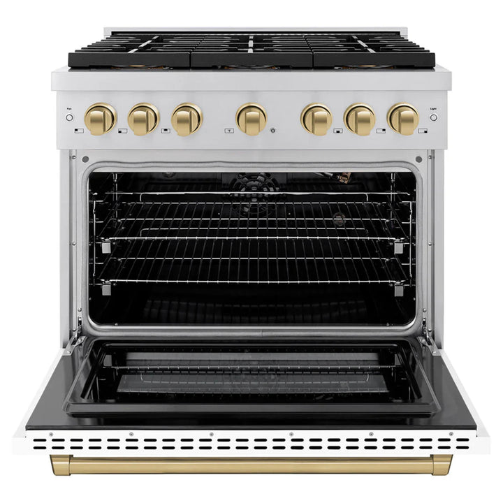 ZLINE Autograph Edition Paramount Gas Ranges with 6 and 8 Burner Cooktops, Convection Ovens, White Matte Doors, and Champagne Bronze Accents