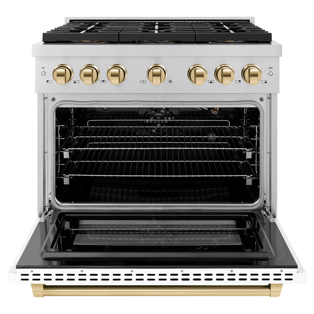 ZLINE Autograph Edition Paramount Gas Ranges with 6 and 8 Burner Cooktops and Convection Ovens in Stainless Steel with White Matte Doors and Polished Gold Accents
