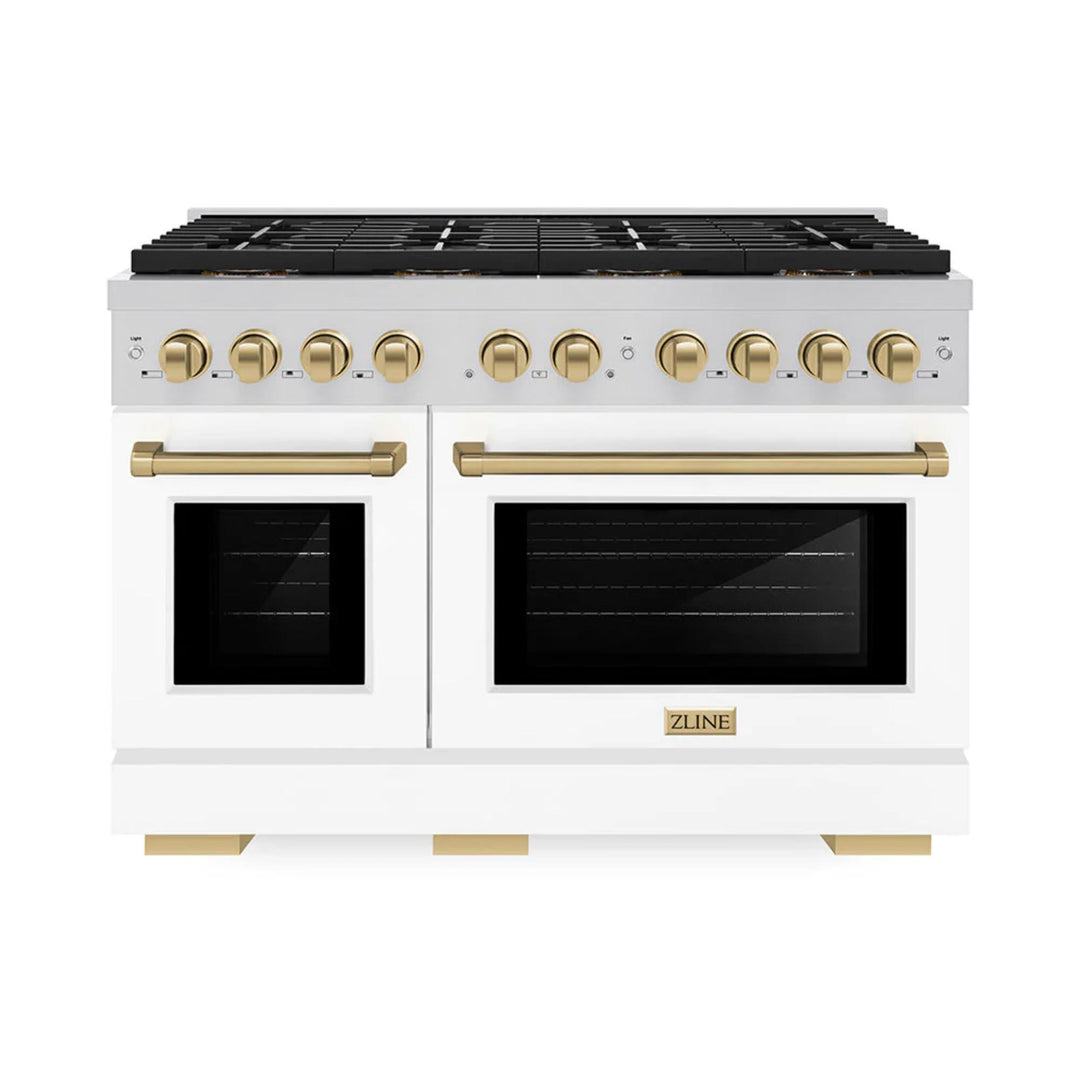 ZLINE Autograph Edition Paramount Gas Ranges with 6 and 8 Burner Cooktops, Convection Ovens, White Matte Doors, and Champagne Bronze Accents
