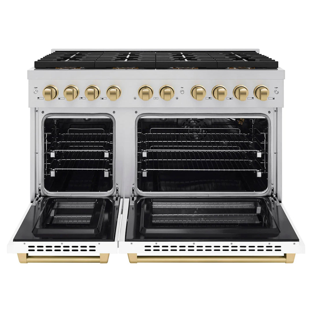 ZLINE Autograph Edition Paramount Gas Ranges with 6 and 8 Burner Cooktops, Convection Ovens, White Matte Doors, and Champagne Bronze Accents