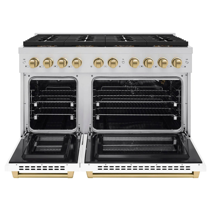 ZLINE Autograph Edition Paramount Gas Ranges with 6 and 8 Burner Cooktops, Convection Ovens, White Matte Doors, and Champagne Bronze Accents