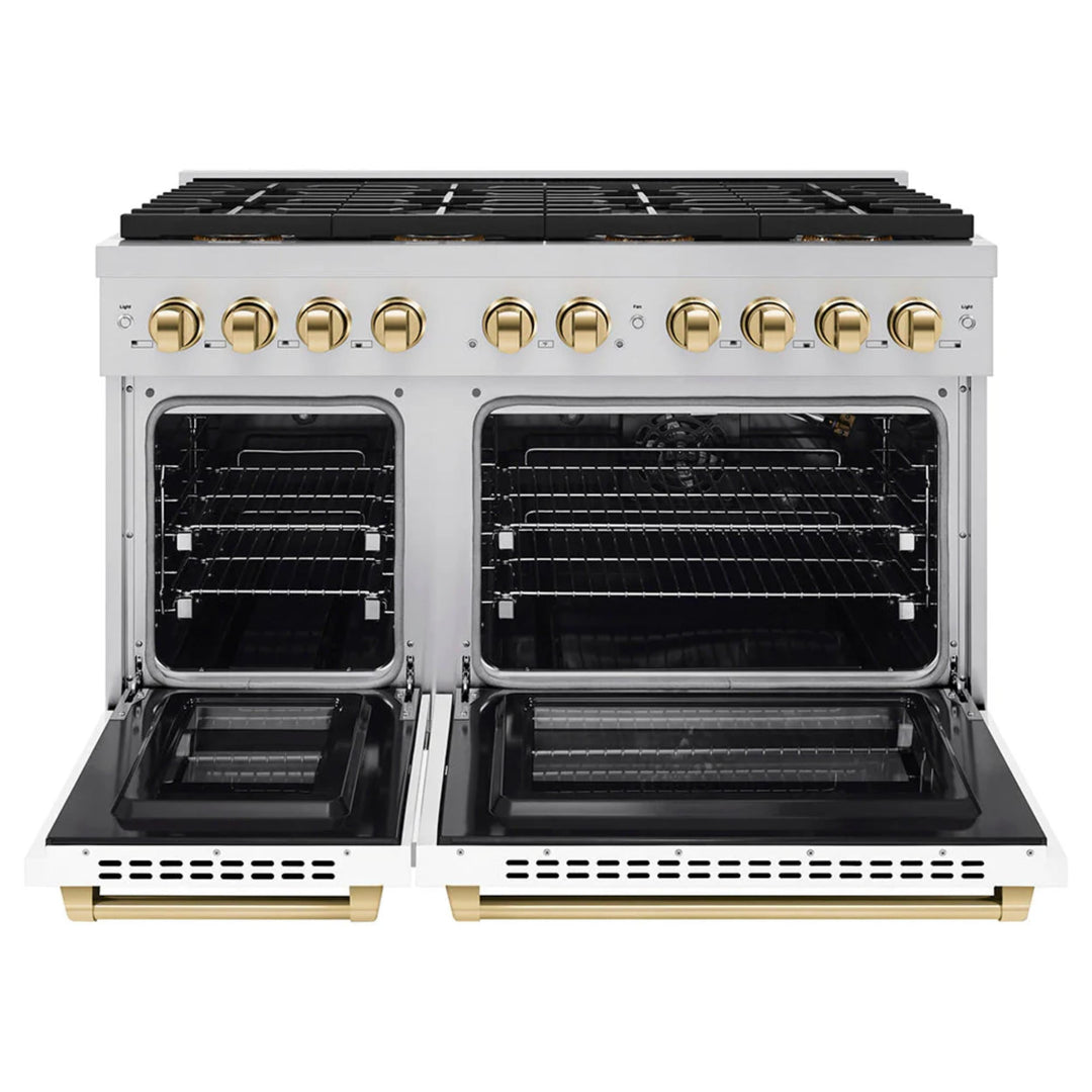 ZLINE Autograph Edition Paramount Gas Ranges with 6 and 8 Burner Cooktops and Convection Ovens in Stainless Steel with White Matte Doors and Polished Gold Accents