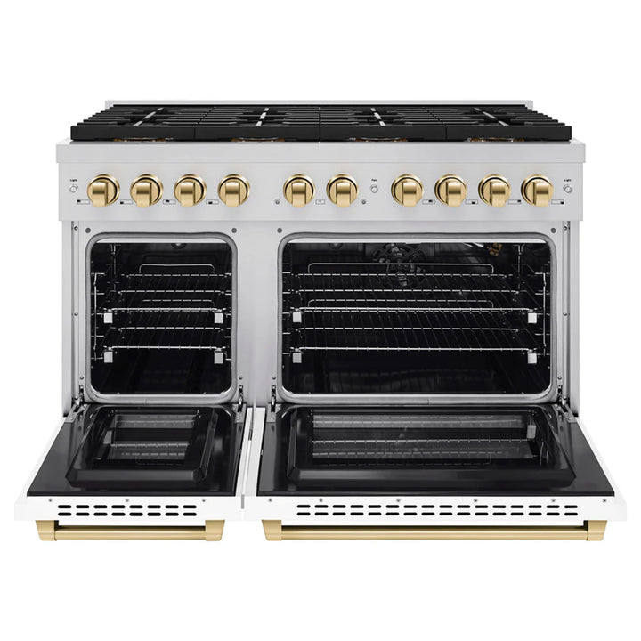 ZLINE Autograph Edition Paramount Gas Ranges with 6 and 8 Burner Cooktops and Convection Ovens in Stainless Steel with White Matte Doors and Polished Gold Accents