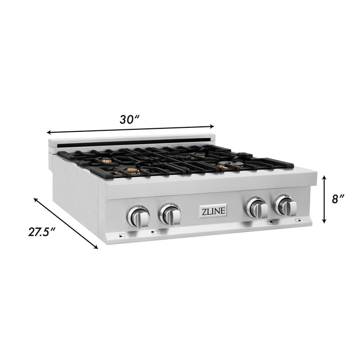 ZLINE 30" Rangetop in Stainless Steel with 4 Gas Brass Burners and Griddle, RT-BR-GR-30