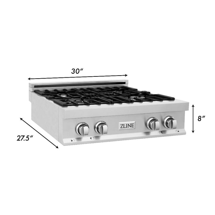 ZLINE Kitchen Package with Refrigerator, 30 in. Stainless Steel Rangetop, 30 in. Range Hood, 30 in. Single Wall Oven and 24 in. Tall Tub Dishwasher (5KPR-RTRH30-AWSDWV)