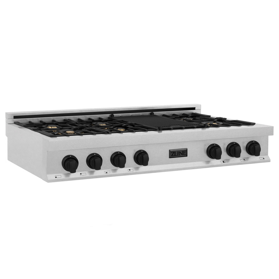 ZLINE Autograph Edition 48" Porcelain Rangetop with 7 Gas Burners in DuraSnow® Stainless Steel and Matte Black Accents, RTSZ-48-MB