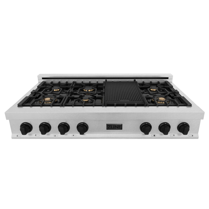 ZLINE Autograph Edition 48" Porcelain Rangetop with 7 Gas Burners in DuraSnow® Stainless Steel and Matte Black Accents, RTSZ-48-MB