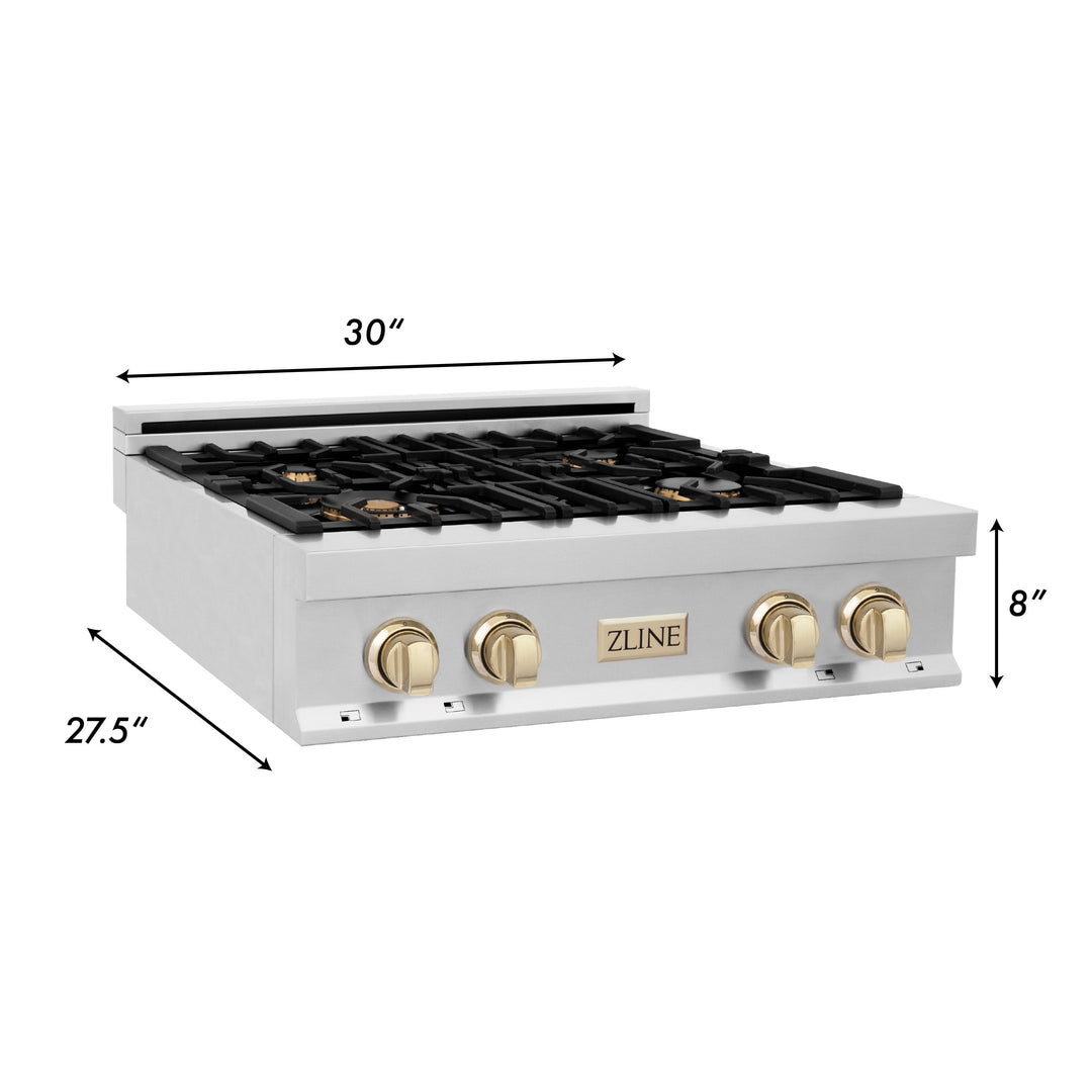 ZLINE 30" Porcelain Rangetop 4 Gas Burners Stainless Steel Gold Accent