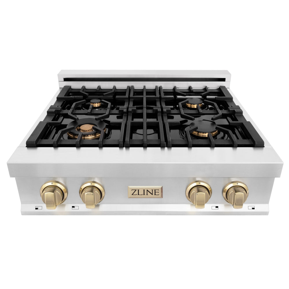 ZLINE 30" Porcelain Rangetop 4 Gas Burners Stainless Steel Gold Accent