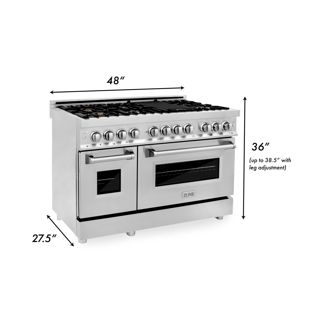 ZLINE 48" 6.0 cu. ft. Gas Burner, Electric Oven with Griddle and Brass Burners in Stainless Steel, RA-BR-GR-48