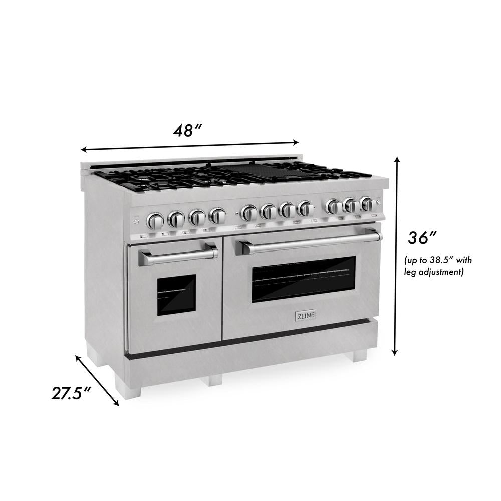 ZLINE 48 in. Kitchen Package with Satin Stainless Dual Fuel Range, Ducted Vent Range Hood and Tall Tub Dishwasher (3KP-RASRH48-DWV)