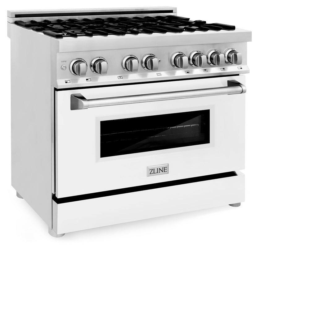 ZLINE 36" 4.6 cu. ft. Gas Burner, Electric Oven with Griddle and White Matte Door in Stainless Steel, RA-WM-GR-36