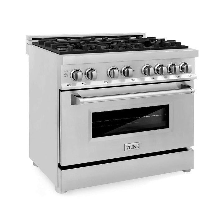 ZLINE Kitchen Package with Refrigerator, 36 in. Stainless Steel Dual Fuel Range, 36 in. Convertible Vent Range Hood, 24 in. Microwave Drawer, and 24 in. Tall Tub Dishwasher (5KPR-RARH36-MWDWV)