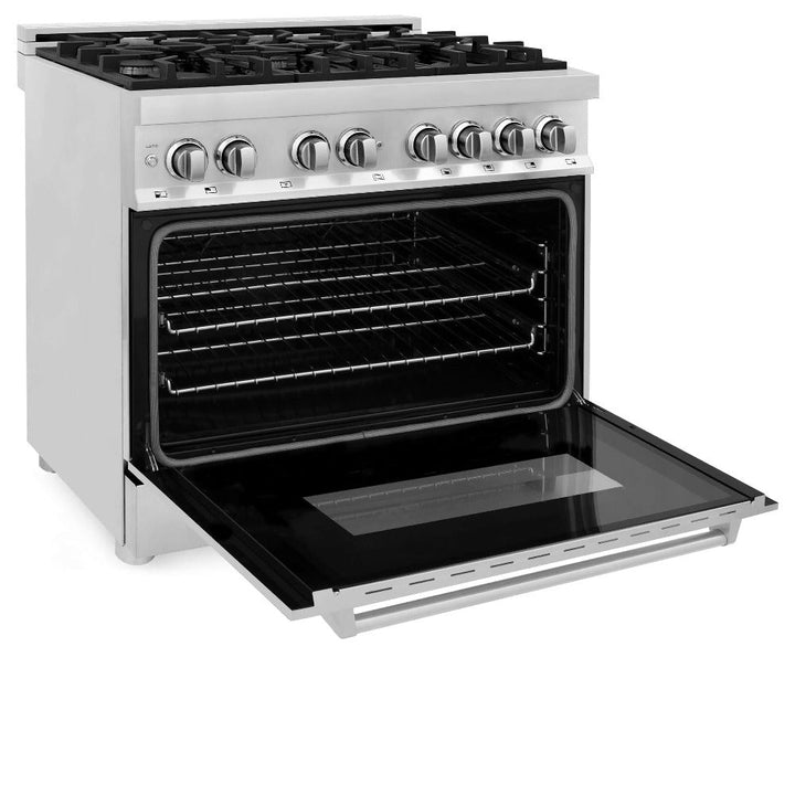 ZLINE Kitchen Package with Refrigerator, 36 in. Stainless Steel Dual Fuel Range, 36 in. Convertible Vent Range Hood, 24 in. Microwave Drawer, and 24 in. Tall Tub Dishwasher (5KPR-RARH36-MWDWV)