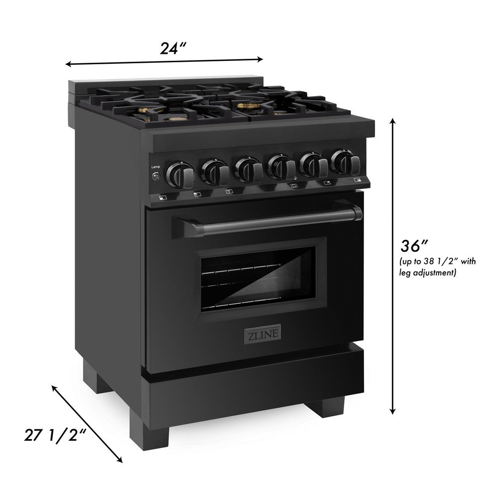 ZLINE 24 in. 2.8 cu. ft. Legacy Dual Fuel Range with Gas Cooktop and Electric Convection Oven in Black Stainless Steel with 4 Brass Burners (RAB-BR-24)