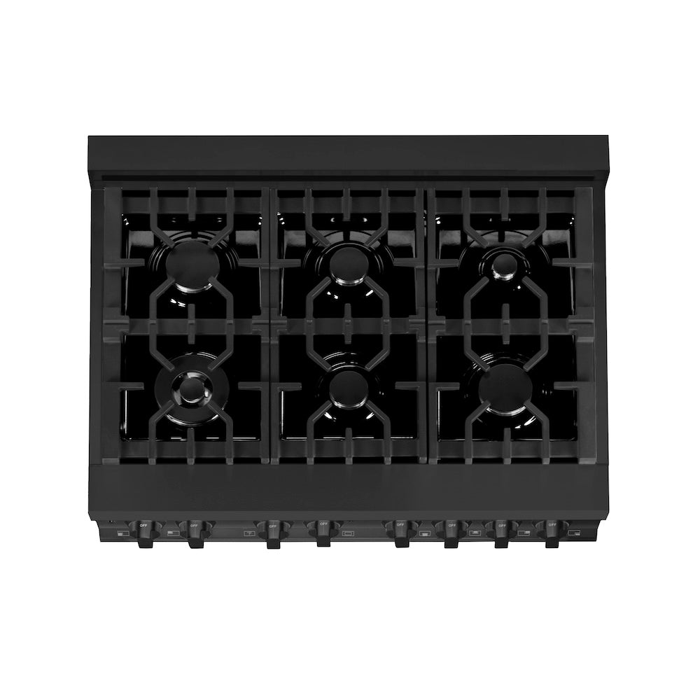 ZLINE 36 in. 4.6 cu. ft. Legacy Dual Fuel Range with 6 Burner Gas Cooktop and Electric Convection Oven in Black Stainless Steel, Open Box-Excellent Condition