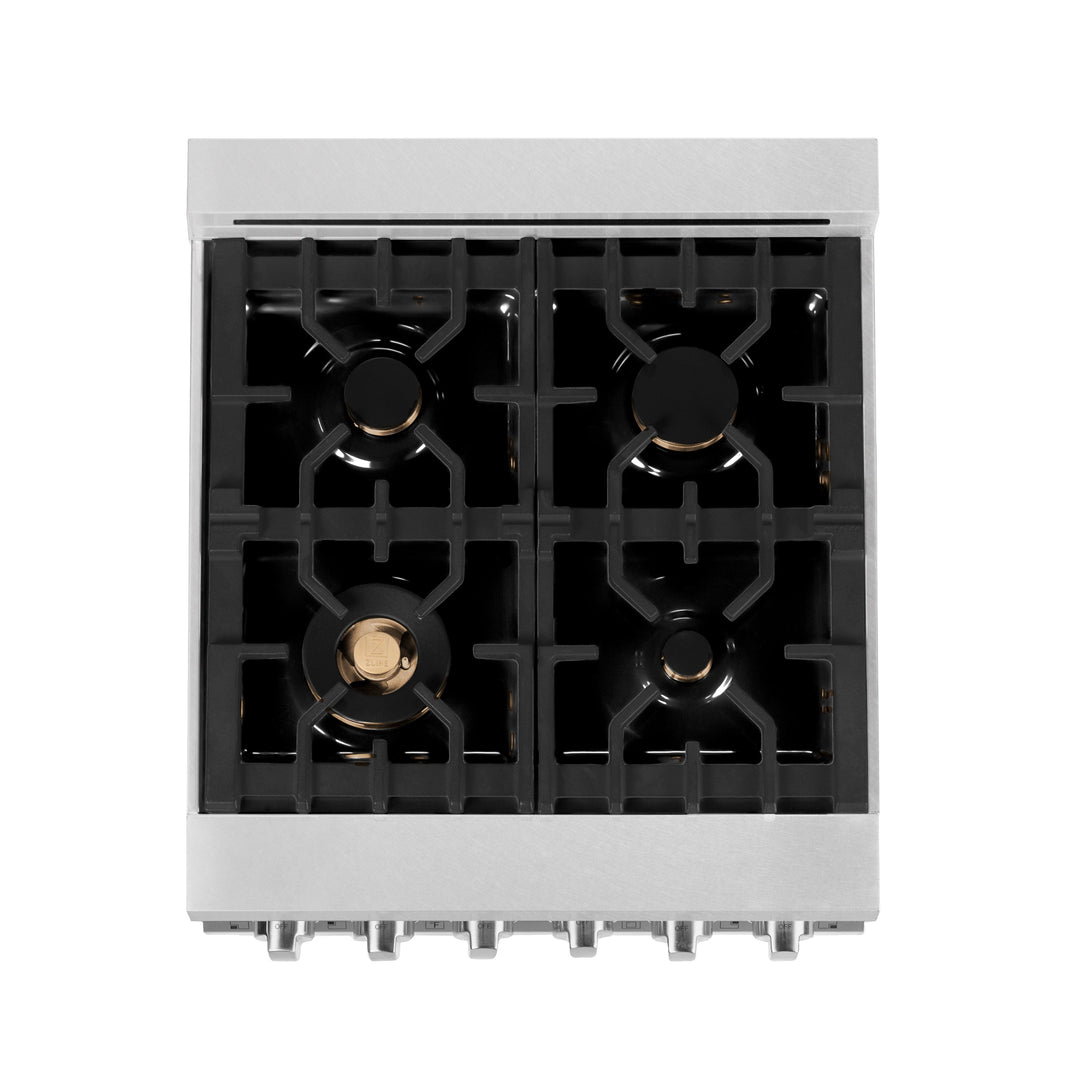 ZLINE 24 in. 2.8 cu. ft. Legacy Dual Fuel Range with Gas Cooktop and Electric Convection Oven in Satin Stainless Steel with 4 Brass Burners and Griddle (RAS-SN-BR-GR-24)