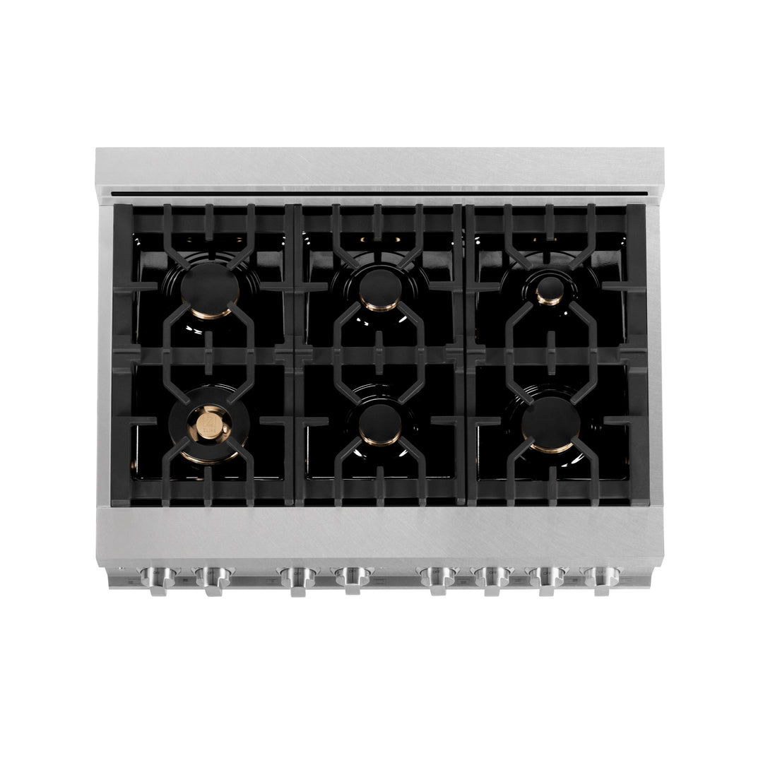 ZLINE 36" 4.6 cu. ft. Gas Burner, Electric Oven with Griddle and Brass Burners in DuraSnow® Stainless Steel, RAS-SN-BR-GR-36