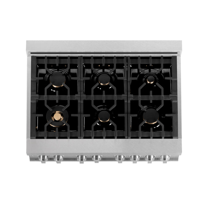 ZLINE 36" 4.6 cu. ft. Gas Burner, Electric Oven with Griddle and Brass Burners in DuraSnow® Stainless Steel, RAS-SN-BR-GR-36