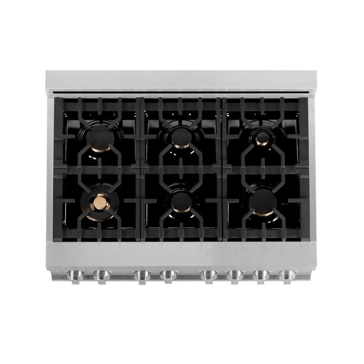 ZLINE 36 in. 4.6 cu. ft. Legacy Dual Fuel Range with Gas Cooktop and Electric Convection Oven in Satin Stainless Steel with 6 Brass Burners and Griddle (RAS-SN-BR-GR-36)