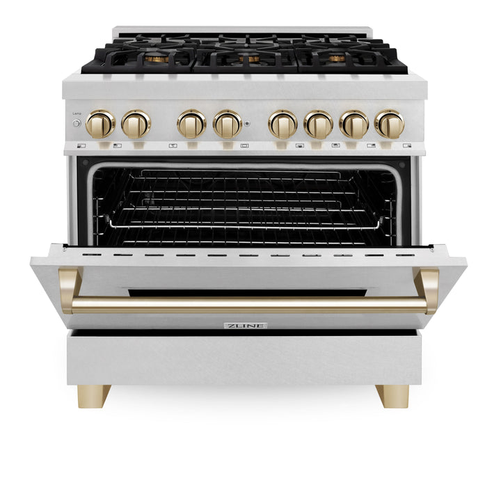 ZLINE Autograph Edition 36 In. Range, Gas Stove and Electric Oven in DuraSnow® Stainless Steel with Gold Accent, RASZ-SN-36-G