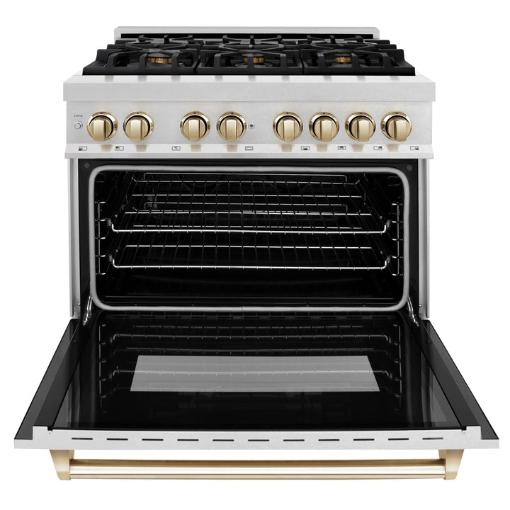 ZLINE Autograph Edition 36 In. Range, Gas Stove and Electric Oven in DuraSnow® Stainless Steel with Gold Accent, RASZ-SN-36-G