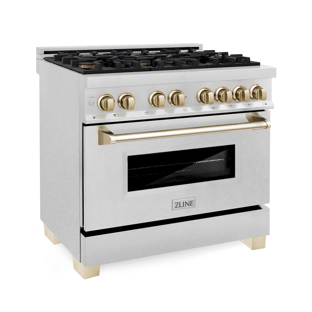 ZLINE Autograph Edition 36 In. Range, Gas Stove and Electric Oven in DuraSnow® Stainless Steel with Gold Accent, RASZ-SN-36-G