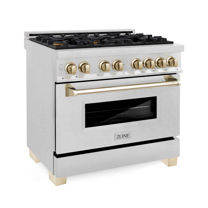 ZLINE Autograph Edition 36 In. Range, Gas Stove and Electric Oven in DuraSnow® Stainless Steel with Gold Accent, RASZ-SN-36-G