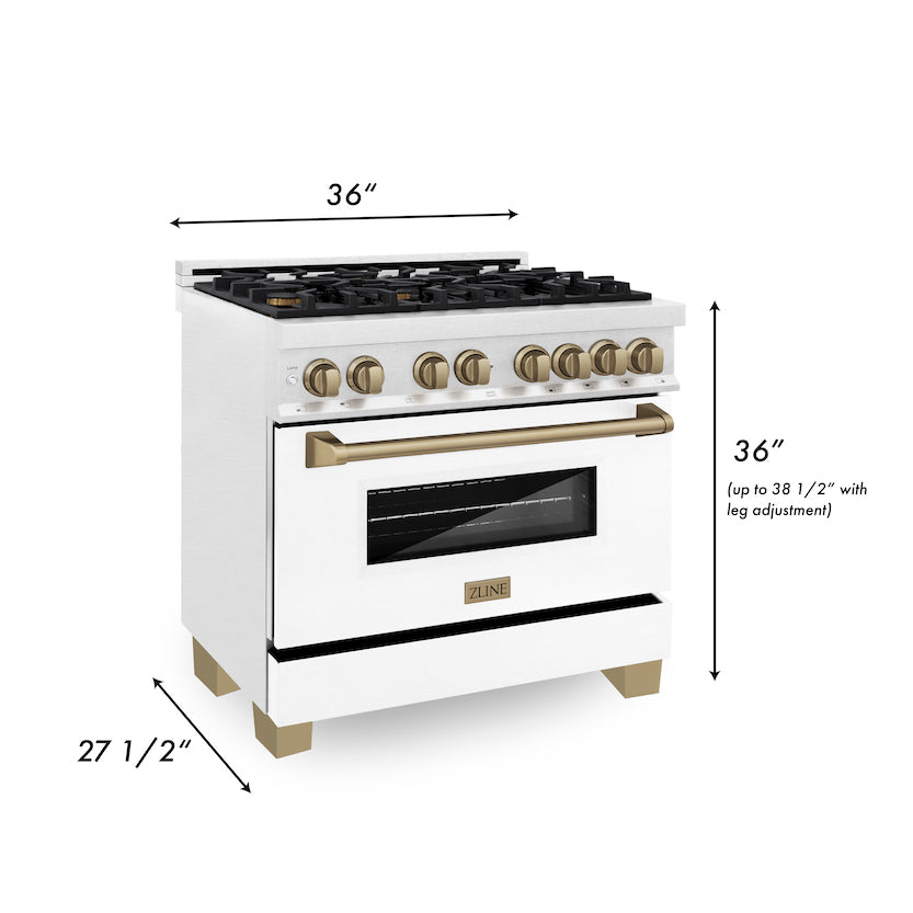 ZLINE Autograph 36" Dual Fuel Range in DuraSnow® Stainless Steel, White Matte Door, Bronze Accent